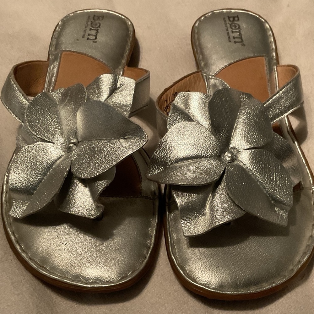 Born Silver Leather Sandals with Decorative Bow